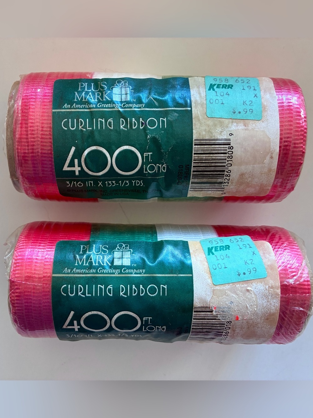 Vintage Red Green & White Christmas Curling Ribbon 400 FT 3/16” Gift Wrap NOS